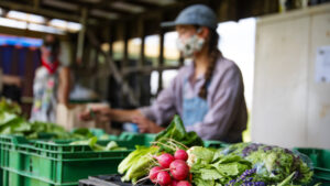 A farmers market in operation during Covid-19. Farmers behind their produce tables at a farmers market.